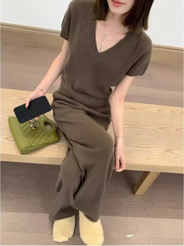 BZVW Fashion Knited Three Piece Set Women\'s Sweater Coat Short Sleeved Casual High Waisted Wide Leg Pant 2024 Autumn New 25A8730