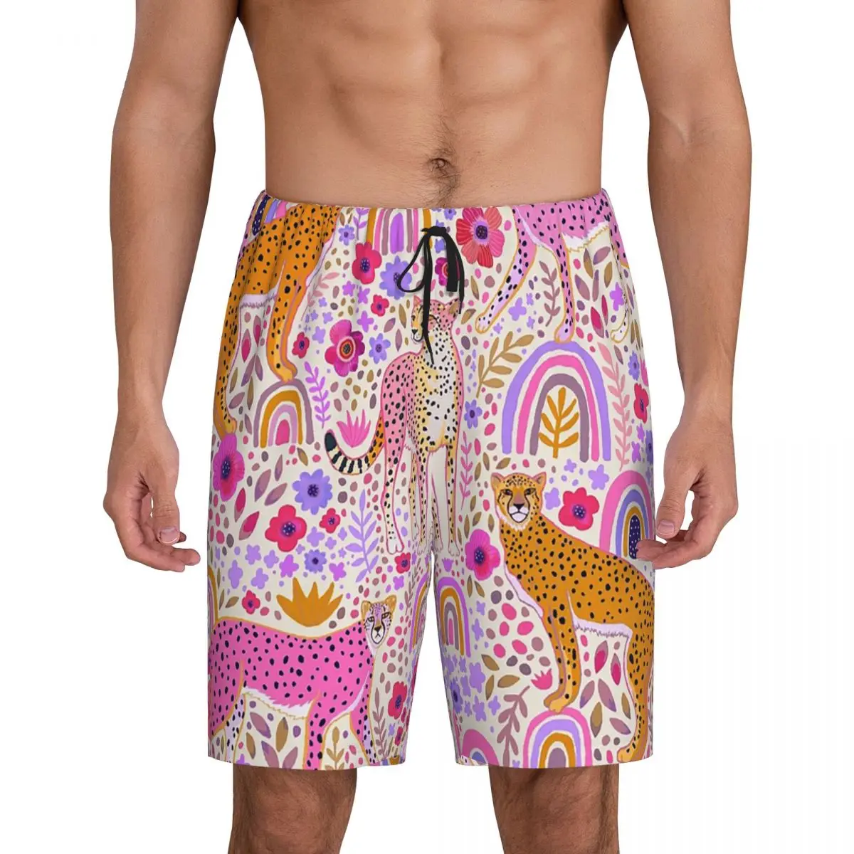 

Короткие пижамные штаны Custom Cheetah's In A Rainbow Garden для мужчин, нижняя часть пижамы для сна, шорты для отдыха, штаны для сна