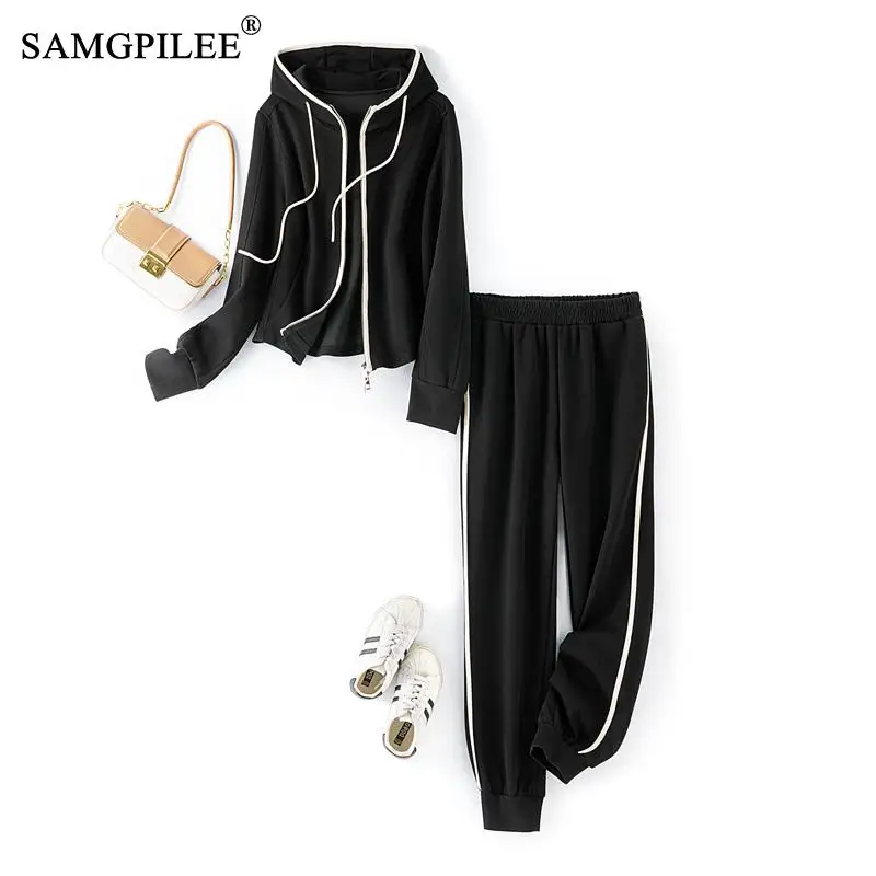 

New Sports Casual Sets For Women 2 Pieces Autumn Contrasting Color Zipper Sweatshirt Cardigan Fashion Nine Point Pants Sets 4XL