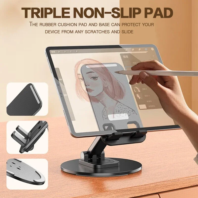 Universal Phone Stand On Desk 360° Rotating Multi-Angle Non-Slip Metal Base Foldable Desktop Holder For iPhone Xiaomi Samsung image 4