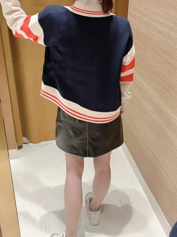 

Quali S Home 2023 Early Autumn Casual Striped Color Blo Design Versatile Knitted Cardigan Trendy Long Sve Woolen Coat