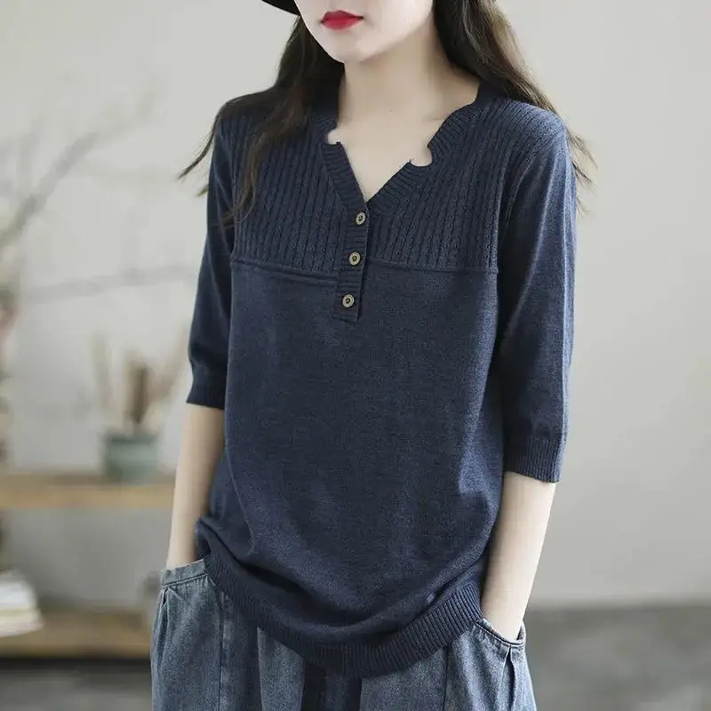 

Temperament Half Sleeves Knitted T-shirt for Women Summer Artistic Style Loose Solid Color Quality Tops Fashion Women Clothing