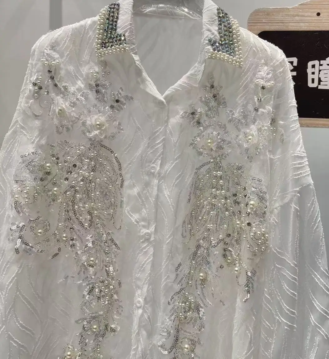 แบรนด์หรู Oversize Beaded Sequined Stitch ผู้หญิงเสื้อแขนยาวเสื้อสุภาพสตรี Elegant ความยาวกลางสีขาว Y2K Top