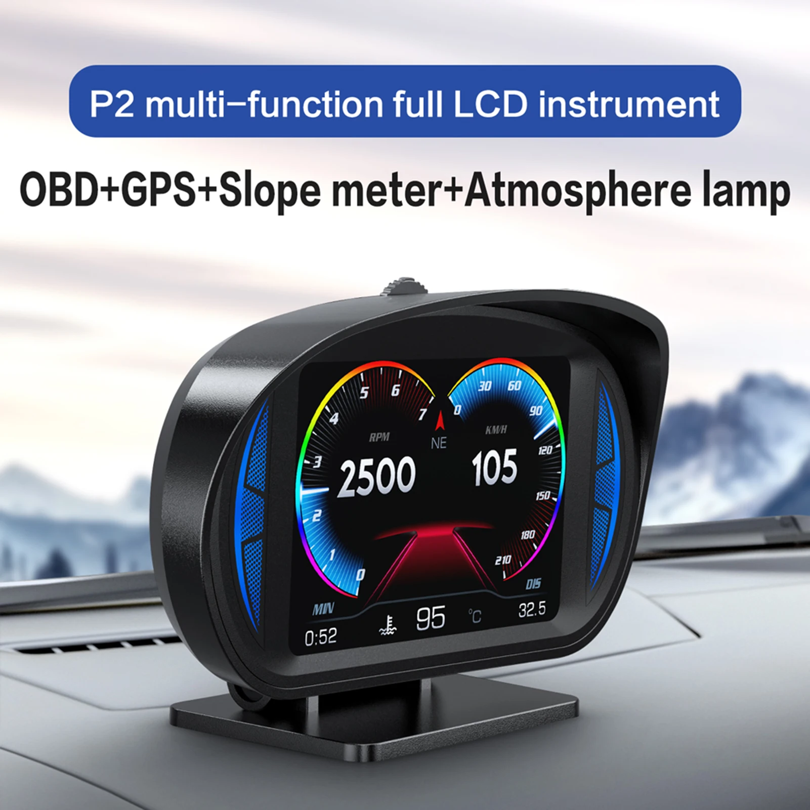 

Car Head Up Display Multi-funciton OBD GPS Slope Meter Atmosphere Lamp Full LCD Smart Gauge with 12 Styple Interfaces