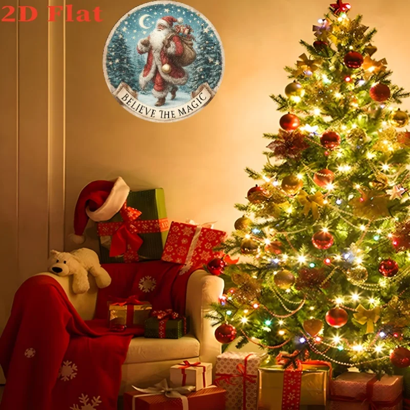 لافتة حائط معدنية مسطحة ثنائية الأبعاد، قطعة واحدة من سانتا كلوز ثلجية لتقديم الهدايا - زينة عيد الميلاد من الألومنيوم الدائري ثنائية الأبعاد مع سانتا ومزلاج، #5