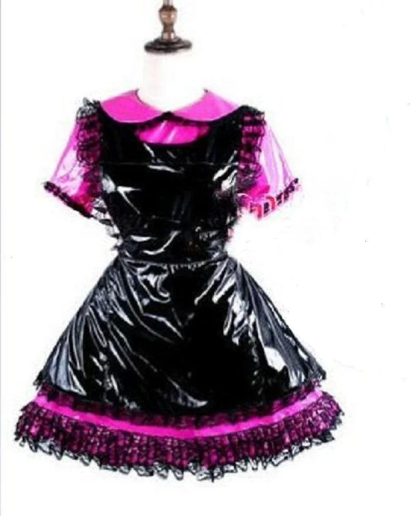 Fancy French Maid Cross Dresser Role-playing Dress V-neck Short Sleeved Patent Leather Clubwear Cross Dress Halloween Role-playi