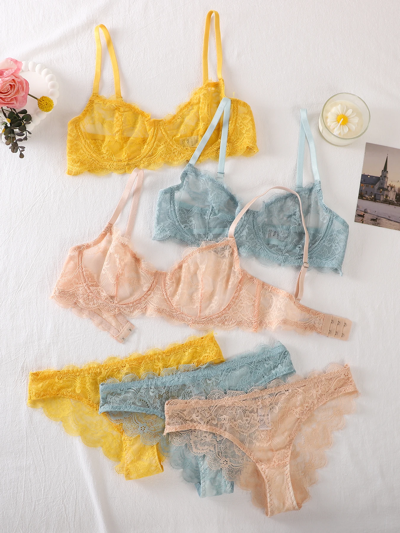 طقم مكون من قطعتين - حمالة صدر دانتيل + طقم سراويل داخلية - طقم حميم شفاف من الدانتيل - متعدد الألوان اختياري - طقم حميم نسائي من الدانتيل - طقم حميم مثير - مع حلقات فولاذية #3