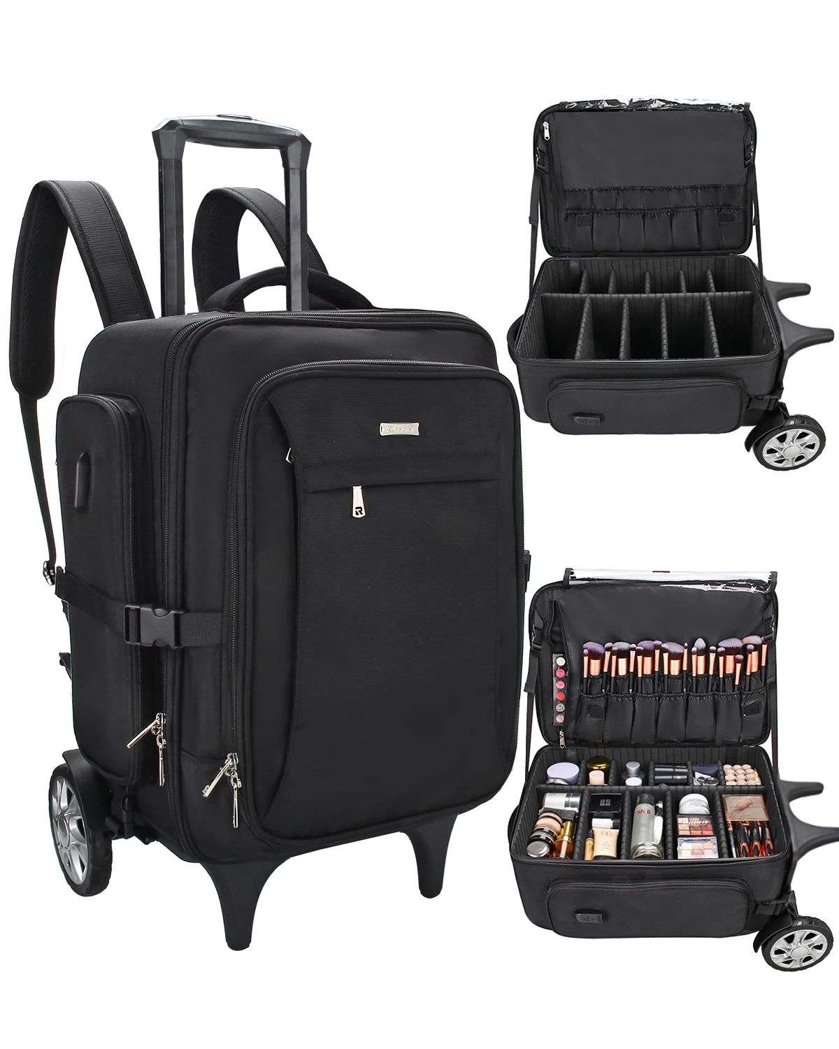 Multifunctional Leather Rolling Makeup Trolley Cosmetic Backpack Hair Styling Tool Storage Case