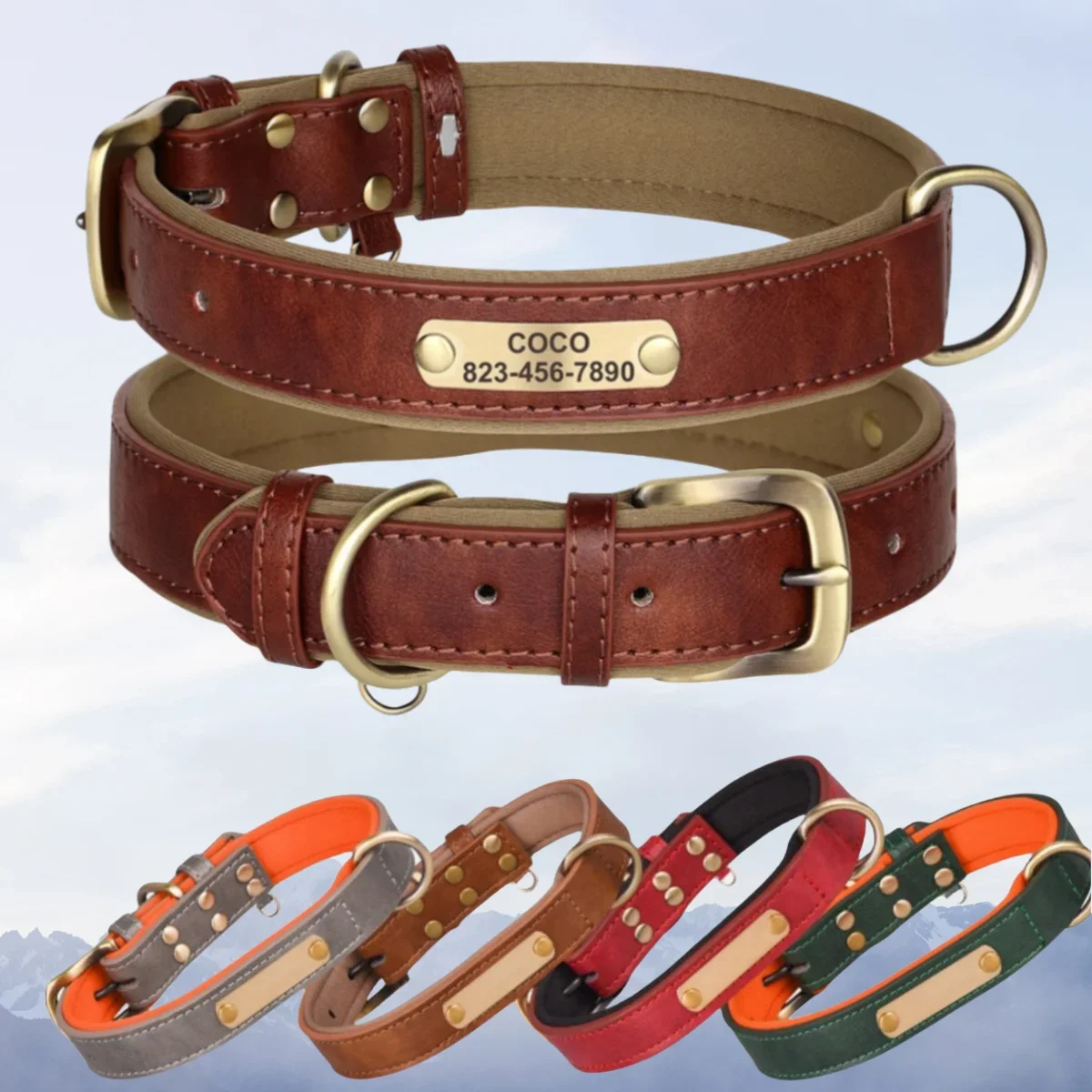 Correa de cuero personalizada para perro, Collar de cuero acolchado suave para perros pequeños, medianos y grandes, Pug con placa de identificación