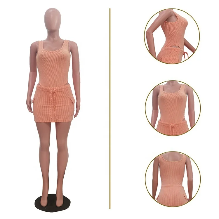 Women Solid Ribbed Two Piece Set Fashion Tank Bodysuits Tops + 3D Pockets Bodycon Mini Skirts Casual Streetwear Suits