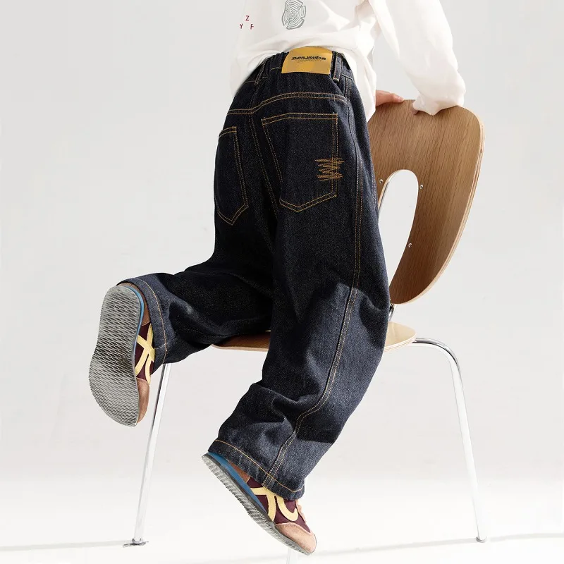 4-14 Jahre Jungen-Jeans UNITIM Herbst Kinder Jungen Trendige Denim-Hose Lose Elastische Taille Junge Teenager Jungen Gerade Hose Junior-Hose – Detail 1