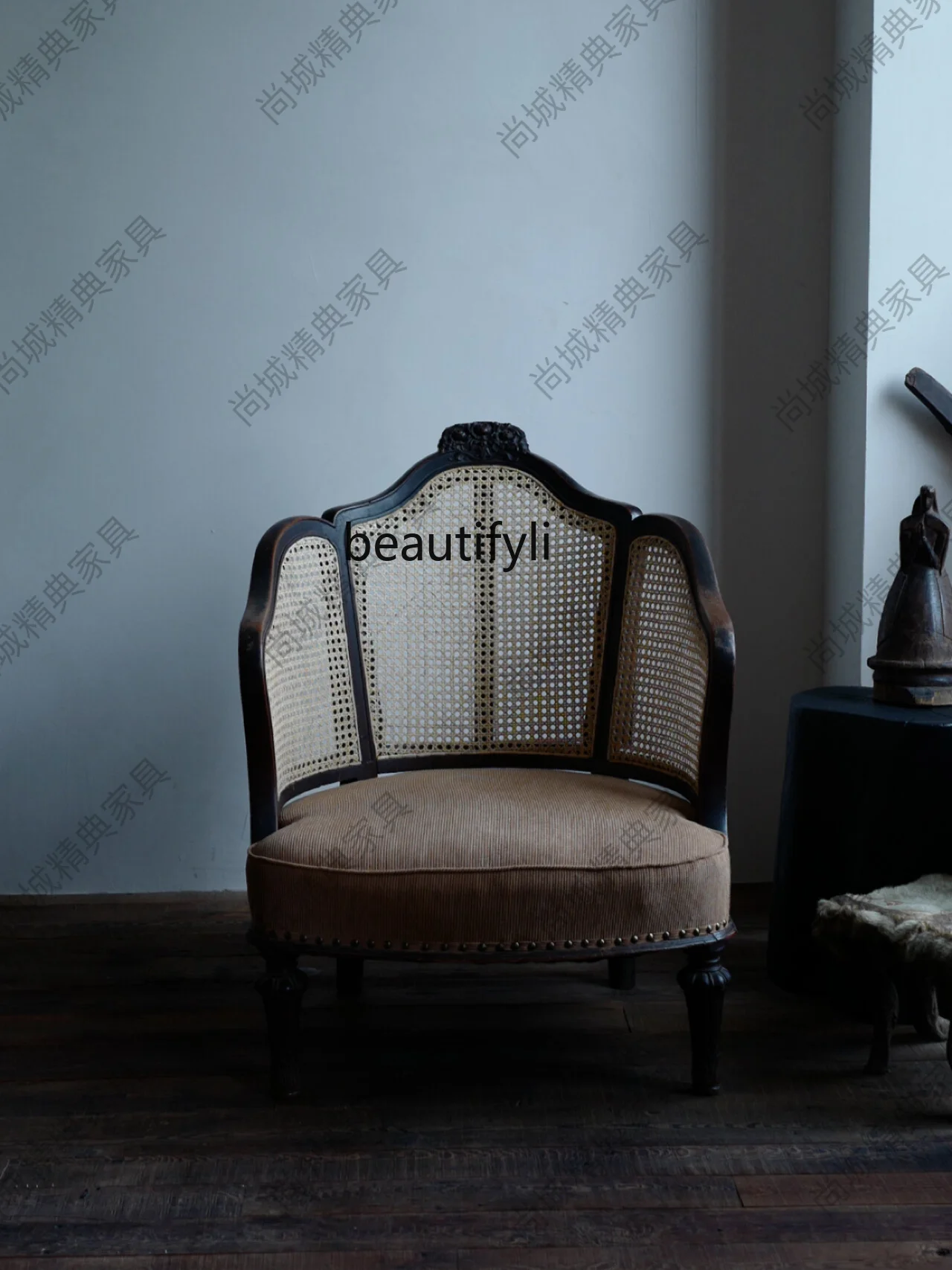 French American Rattan Chair Armchair Villa Solid Wood Fabric Rattan Sofa Retro Distressed Living Room Leisure Chair