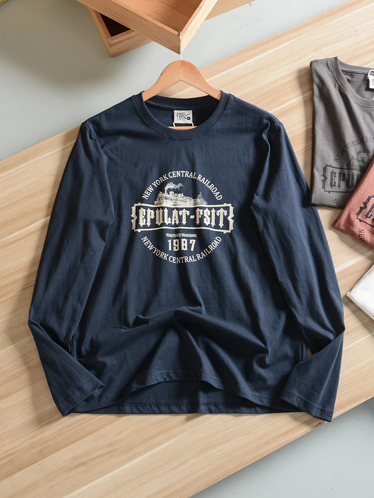 Retro Washed Cotton Long Sleeve T-Shirt Men's round Neck Base Shirt American Casual Style Letter Print Fashion Urban Fit