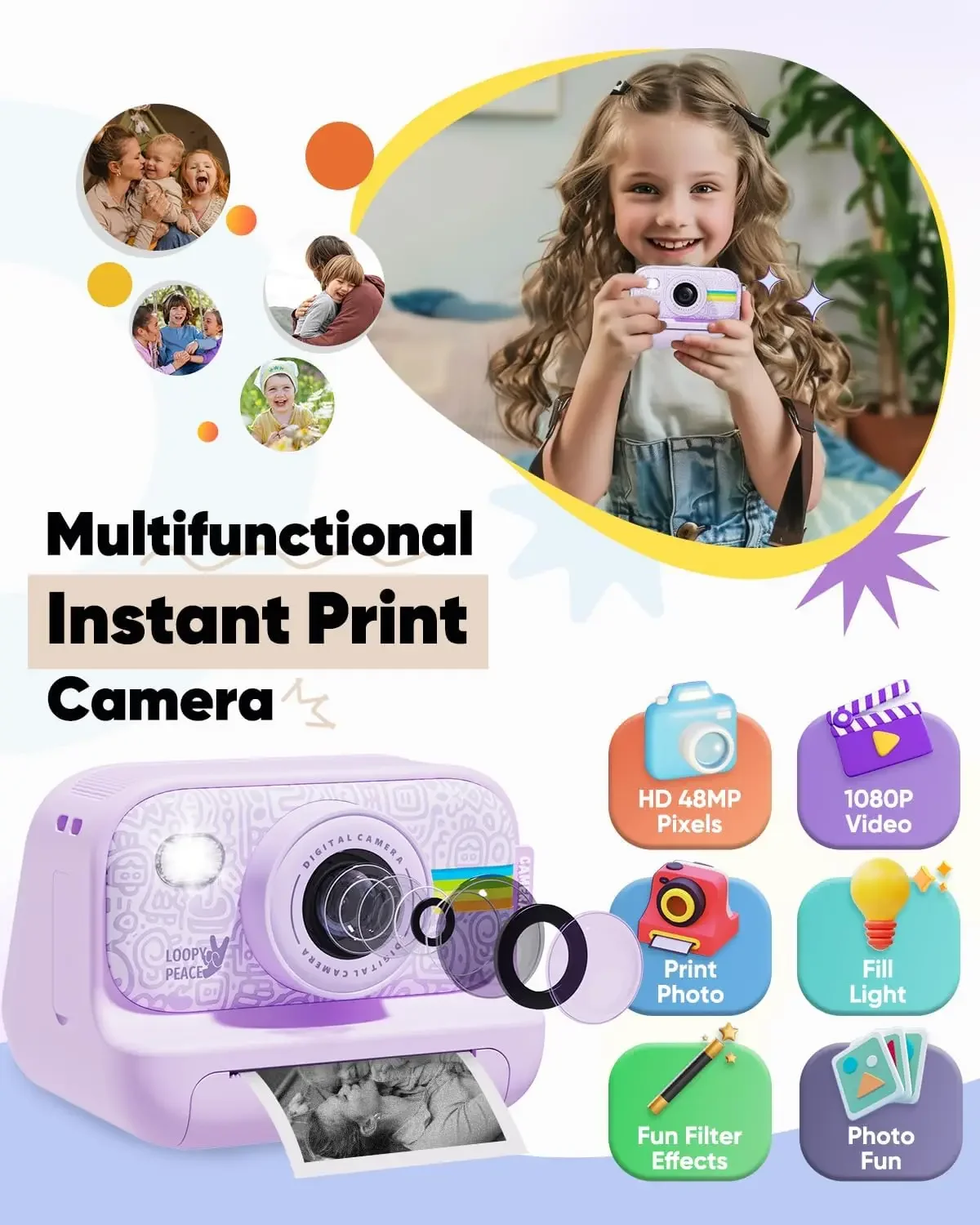 子供用デジタルカメラ おもちゃ HDレンズ 2.0インチスクリーン ズーム機能付き 32GB 内蔵バッテリー 誕生日プレゼント フェスティバルギフト 旅行用自撮り キッズ インスタントプリントカメラ