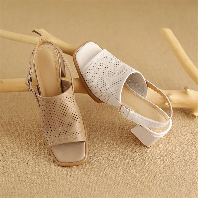 New Genuine Leather Summer Sandals Square Toe High Heels Sandals for Women Zapatos De Mujer Hollow Out Gladiator Shoes Sandals