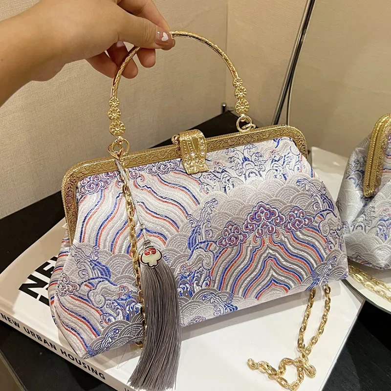 Brand Women Gold Green Floral Clutch Designer Lock Shell Clip Handmade Tassel Glitter Handbags And Purses Chain Messenger Bags