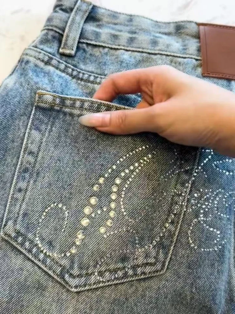 2025 Ropa Y2Kสไตล์Hot Fix Rhinestone Baggyซ้อนกางเกงยีนส์กางเกงผู้หญิงเสื้อผ้าหรูหรากว้างขาLady Denimกางเกง