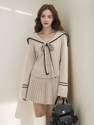 Knit Matching Sets Sailor Collar Lace Up Striped Contrast Color Pullover Pleated High Waist Skirt Women Clothing