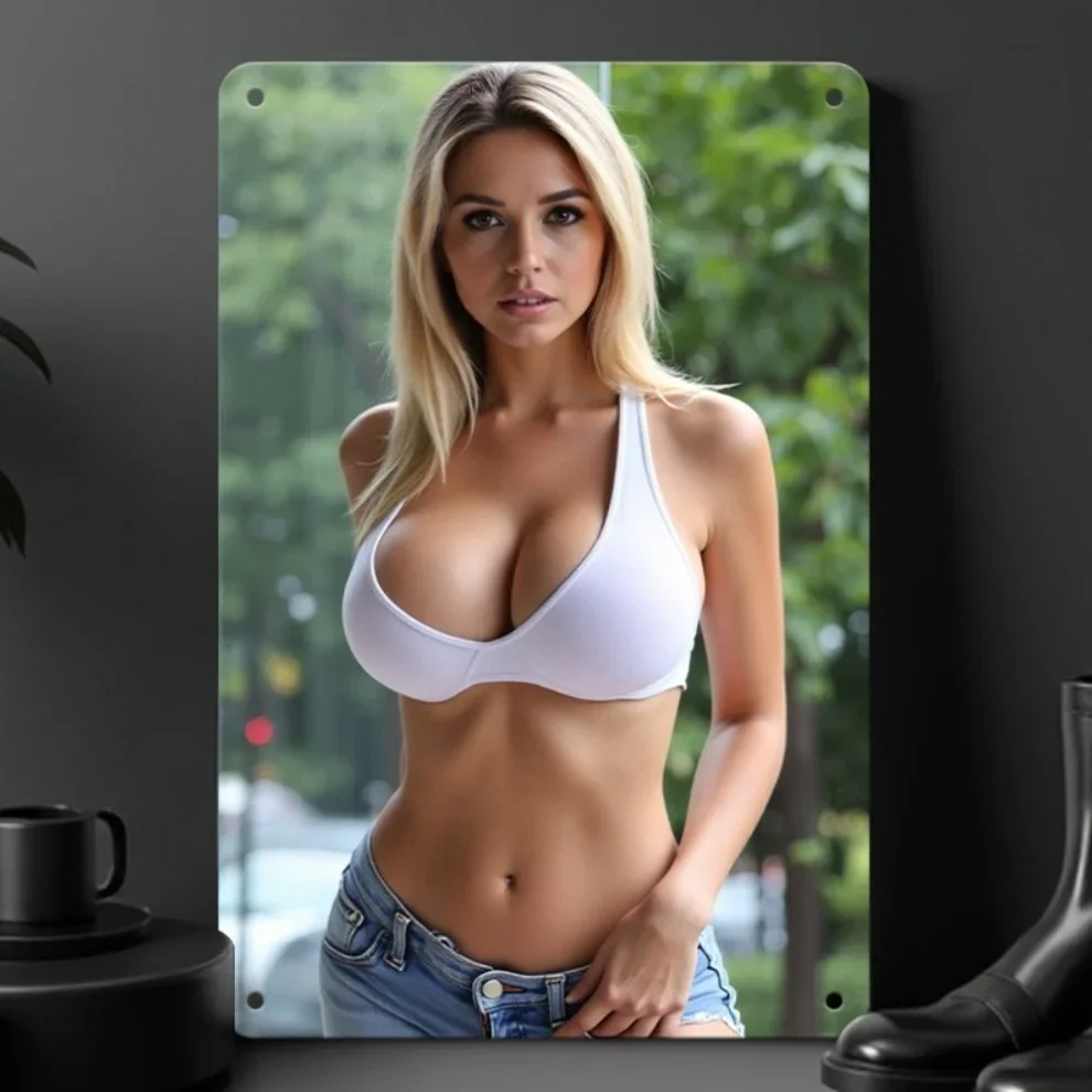 Vintage Bikini Girl Metall-Wandkunst, 20,3 x 30,5 cm – Retro-weißes Dekor mit vorgebohrten Löchern, wasserdichtes, langlebiges Eisenschild für Männer