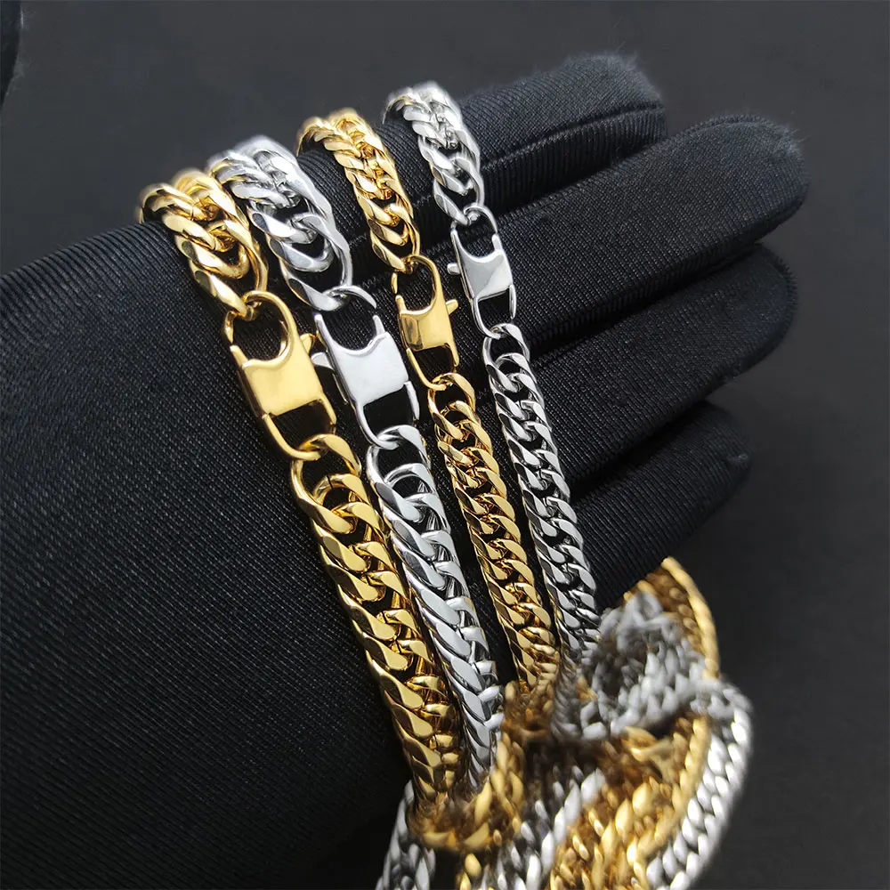 Wholesale Stainless Steel 7/9.5mm Wide Cowboy Buckle Hip Hop Fashion Cuban Chain Gold Plated Colorfast Men's Jewelry Bracelet