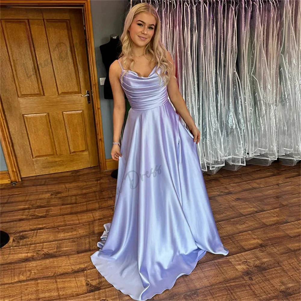 

Lena-2024 Women's satin long special party dress with pleats, thin shoulder straps, tight fitting bra, back formal dress