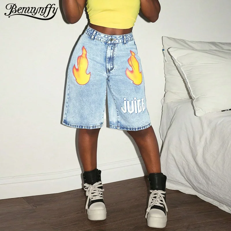 

Benuynffy Fashion Printed Loose Denim Shorts Women's Summer Vintage High Waist Y2k Streetwear Oversize Wide Leg Half Pants