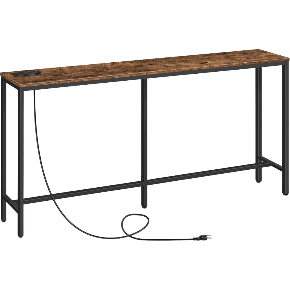 

Console Table with Power Outlet, 63" Narrow Sofa Industrial Entryway Behind Couch Table with USB Ports for Entryway, Hallway, Fo