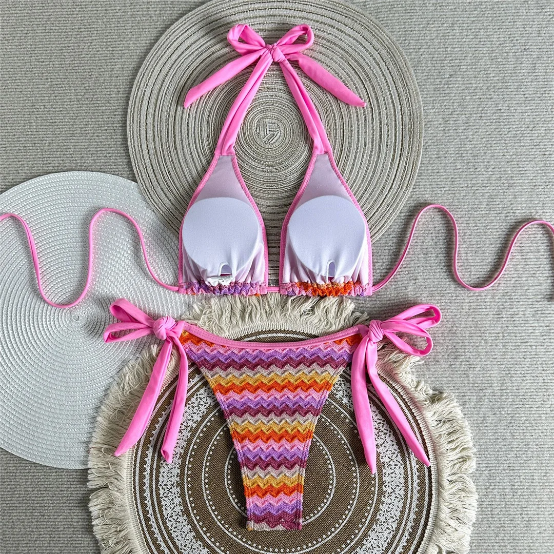 Gestreiftes zweiteiliges Bikini-Set, Neckholder-Bikini, Damen-Badebekleidung, gepolsterter Badeanzug mit hohem Beinausschnitt, Badeanzug, Schwimmbekleidung V7826 – Detail 12
