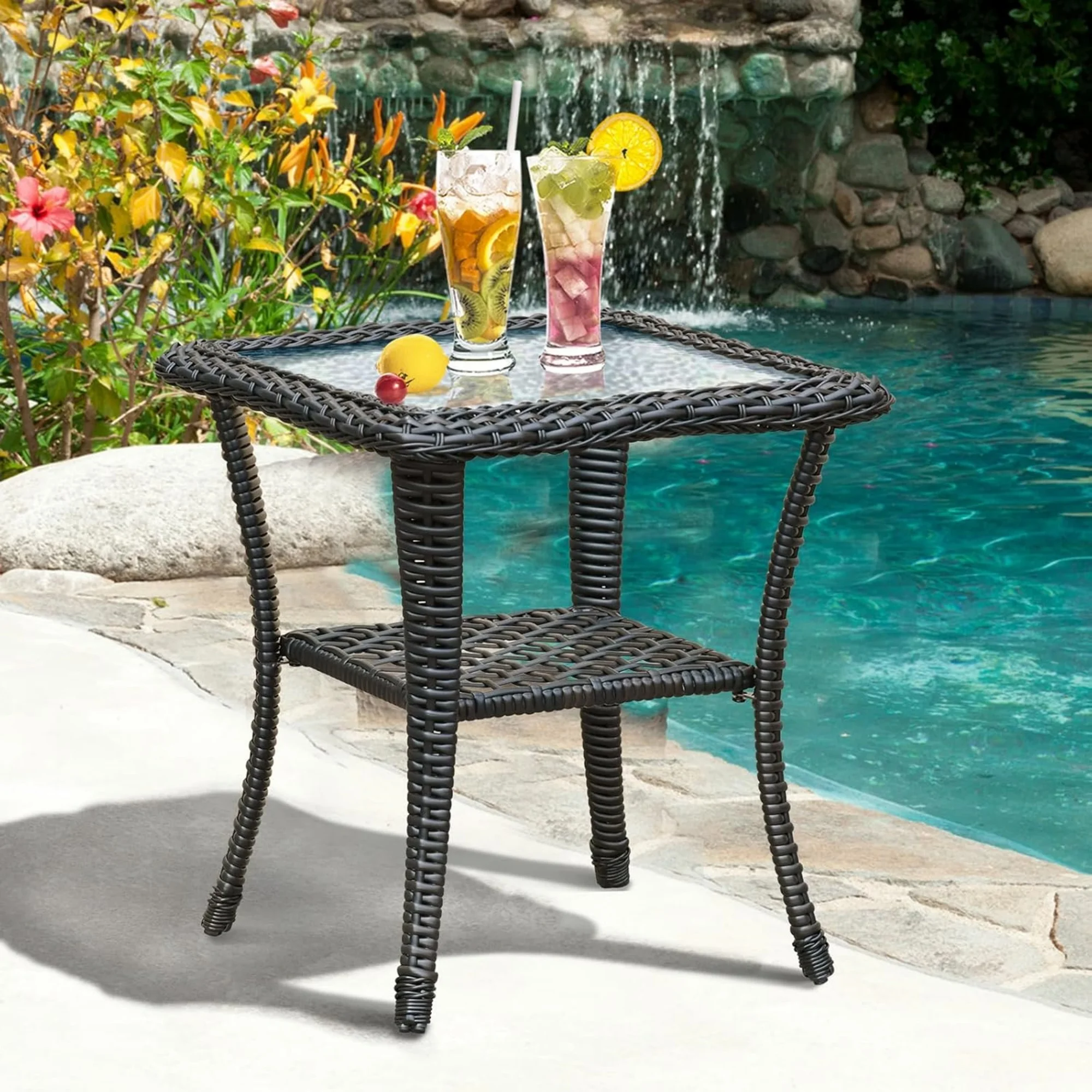Outdoor Side Table, Indoor Outdoor Tempered Glass Top Wicker Coffee Bistro Table, All-Weather Patio Square Storage End Table, Steel Frame, 20