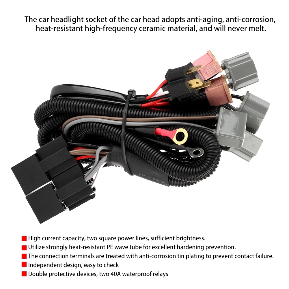 Car H4 Wiring Harness Dual 40A Relay Ceramic Socket For 4 Headlight System High Power Upgrade