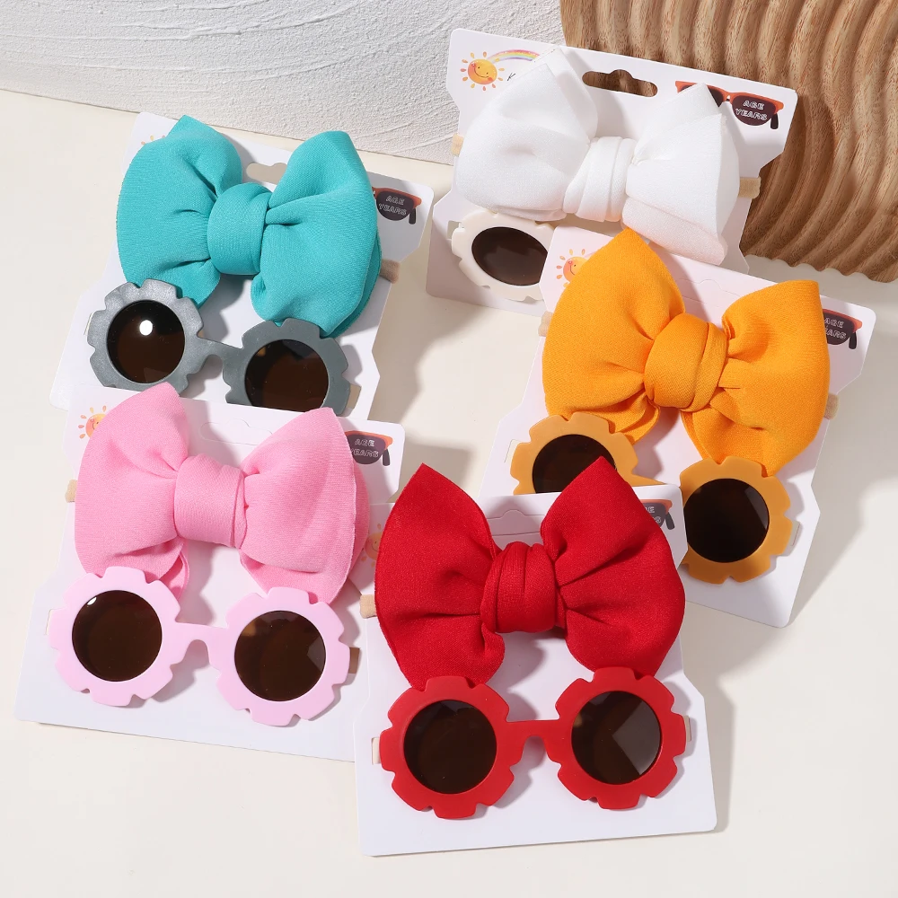 2/3Pcs/set Kids Sunglasses Headband Set Baby Elastic Nylon Headband Bohemia Beach Seaside Sun Glasses Kids Bow Headwear Gift