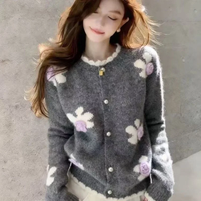 Vintage Floral Cardigan Sweater Women Sweet Lazy Wind Loose Cute Knitted Tops Coat Fall Winter Preppy Style O Neck Female Top