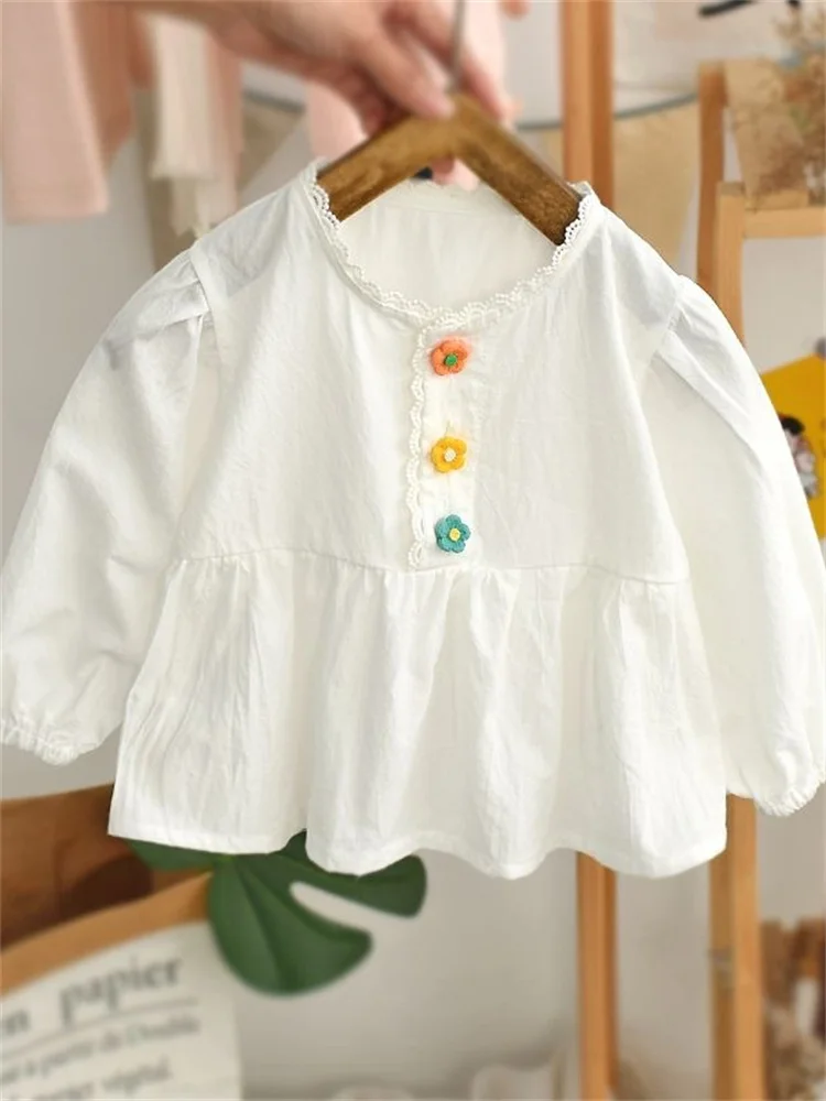 เสื้อเด็กผู้หญิงสไตล์เกาหลี แขนยาว สำหรับฤดูใบไม้ผลิและฤดูใบไม้ร่วง แฟชั่น ทรงตุ๊กตา คอกลม สีพื้น ใช้ได้หลากหลาย วัสดุอื่นๆ