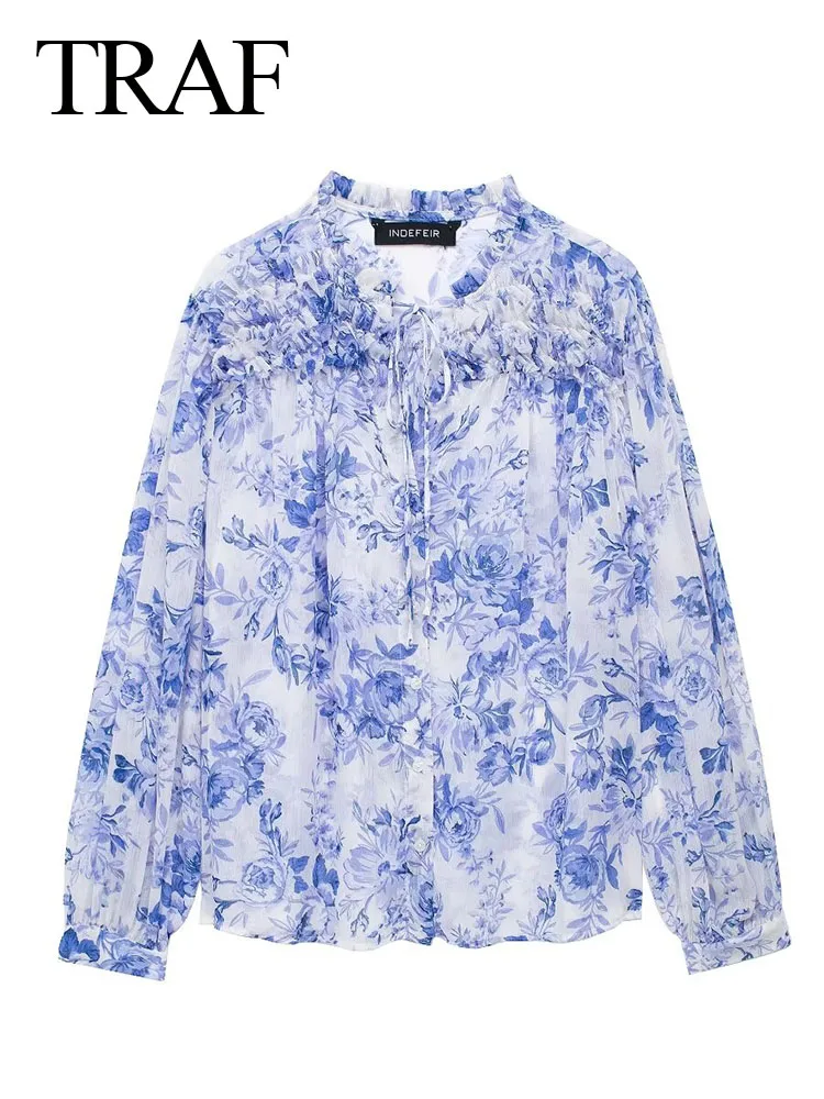 TRAF Spring Female New Chic Casual Ruffled Floral Print Single Breasted Blouse Woman Long Sleeve Lace Up Decoration Shirts