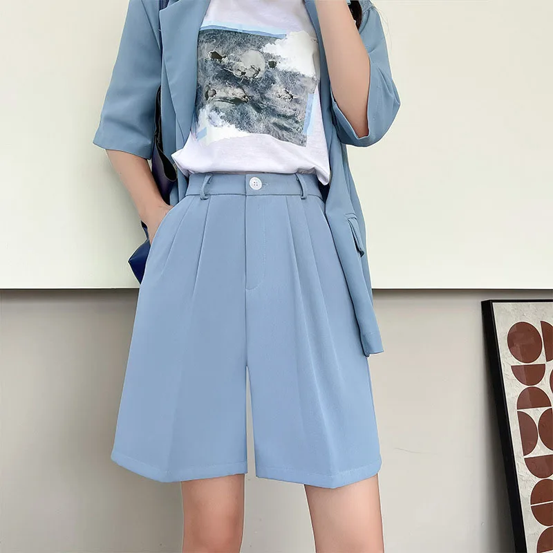 Women High Waist Suit Shorts Casual Loose Wide Leg Pants for Women's Summer Bermuda Cargo Shorts Office Ladies Classic Shorts