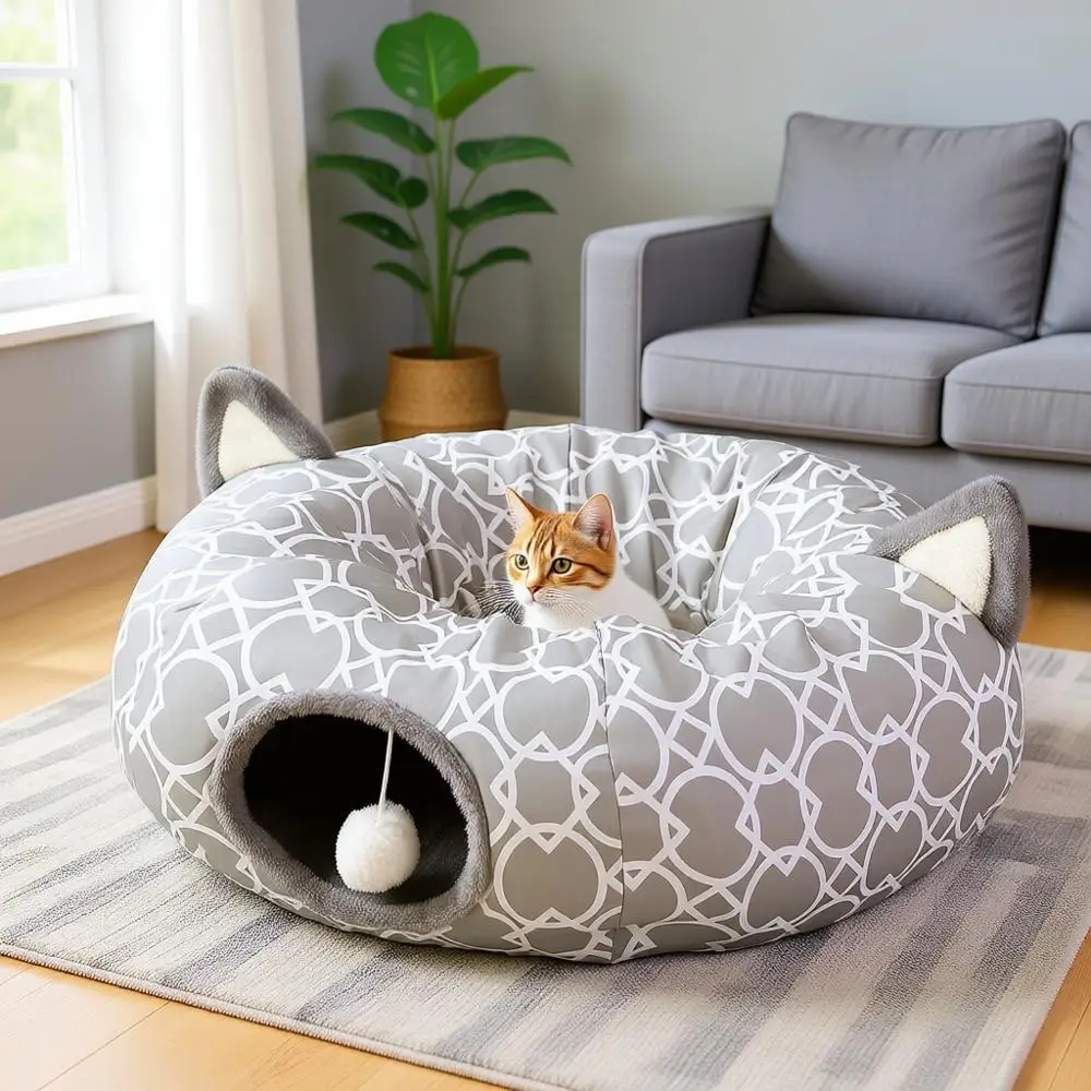 

Геометрический туннель-лежанка для кошек под елку с плюшевым наполнителем, складной туннель-труба с шариками, для кроликов, котят, хомяков