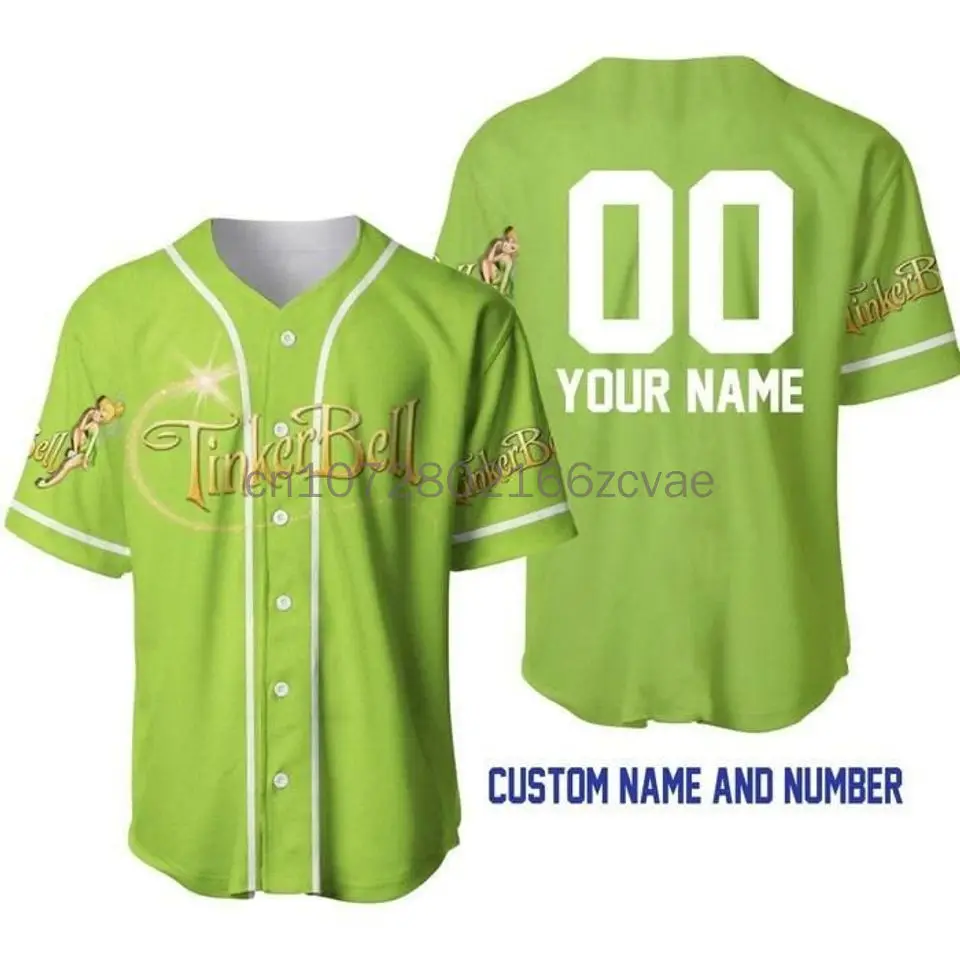 New Disney Tinker Bell  Baseball Jersey Men\'s Women\'s Kids Short Sleeve Button Baseball Shirt Casual Sports Shirt