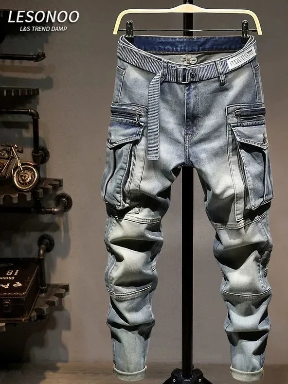 

Модная уличная рабочая одежда, джинсы, мужские прямые брюки с несколькими цветами, тяжелые повседневные мужские брюки с завязками на улице