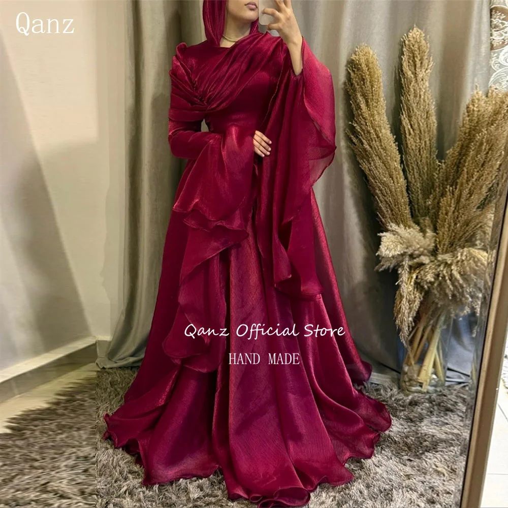 

Qanz Organza Long Evening Dresses Burgundy Vestido Fiesta Elegante 2026 Muslim Flare Sleeves Formal Party Gonws Customized