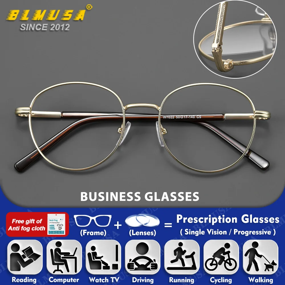 

BLMUSA (S) Fashionable Round Men Alloy Myopia Prescription Glasses Blue Light Filter Photochromic Progressive Optical Eyeglasses