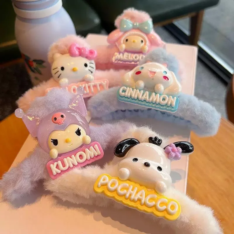 Hello Kitty Sweet Girl Double-sided Plush Scratch Clip Cartoon Cute Shark Clip High-value Hair Clips Hair Accessorie Christmas