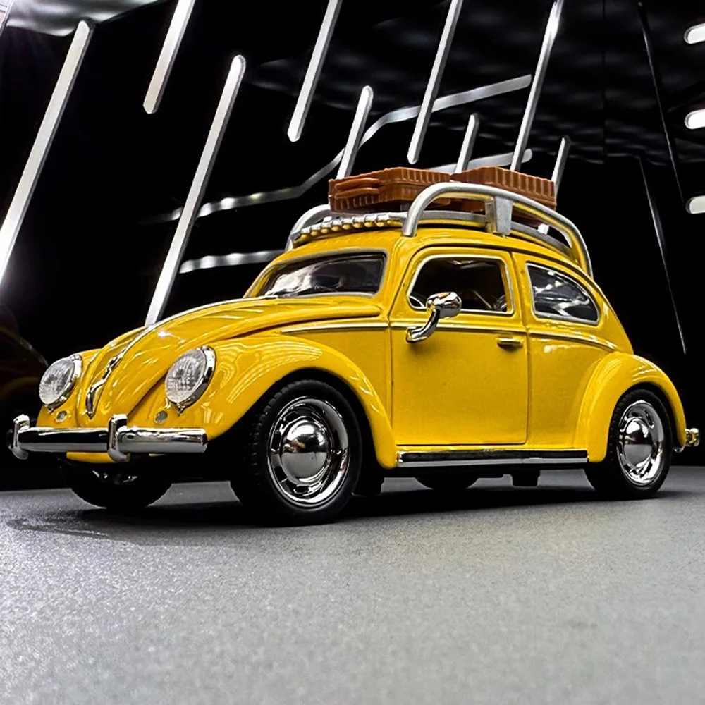 1:32 Model Samochodu Beetle z Odlewu Stopu Metali, Zabawka z Dźwiękiem i Światłem, Miniaturowy Model z Otwieranymi Drzwiami, Autko z Napędem Pull Back do Dekoracji