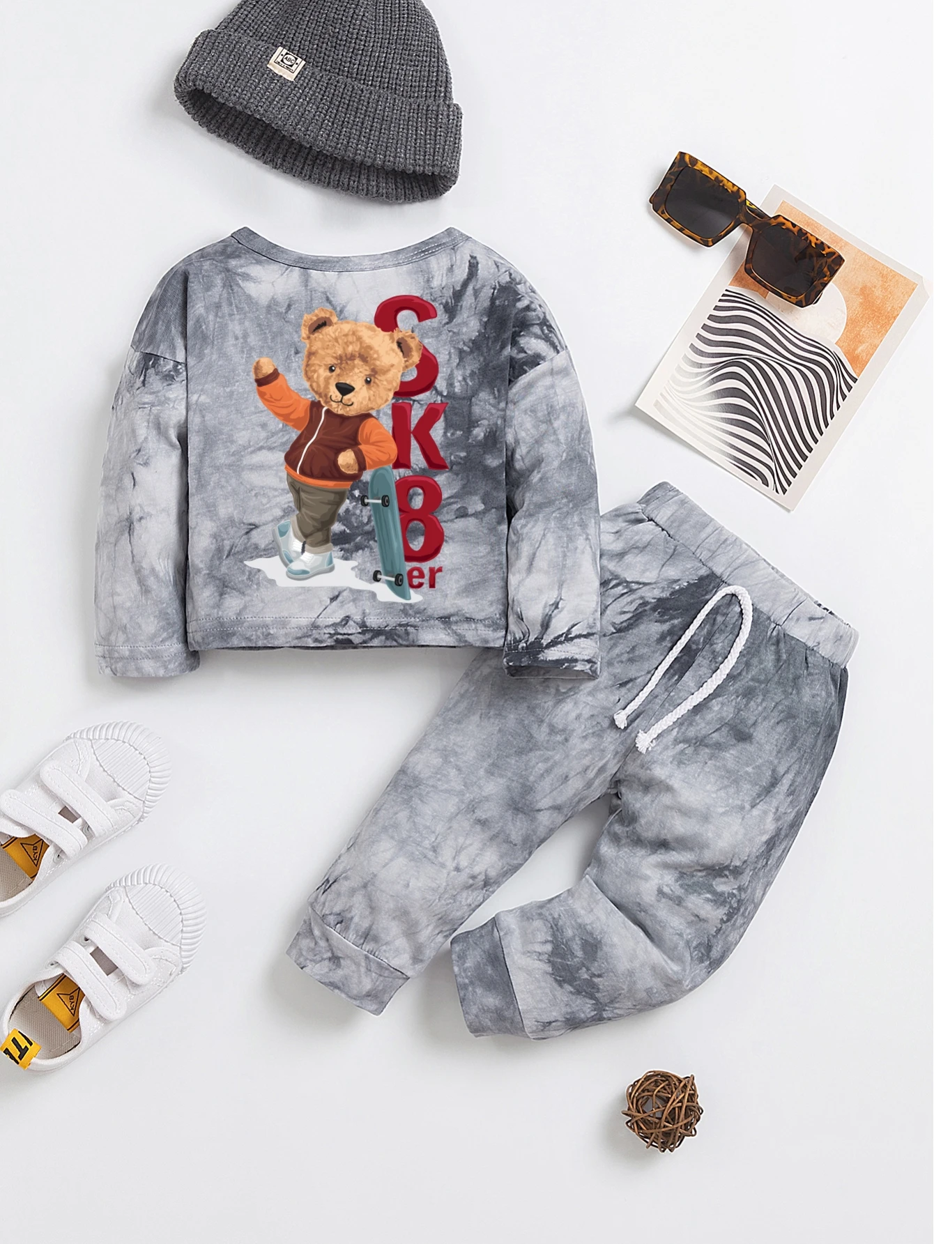 Spring Autumn Kids Tie-Dye Hooded Set Bear Print Letter Accent Skin-Friendly Soft Hoodie Cotton Trendy Lazy Style Daily Outings