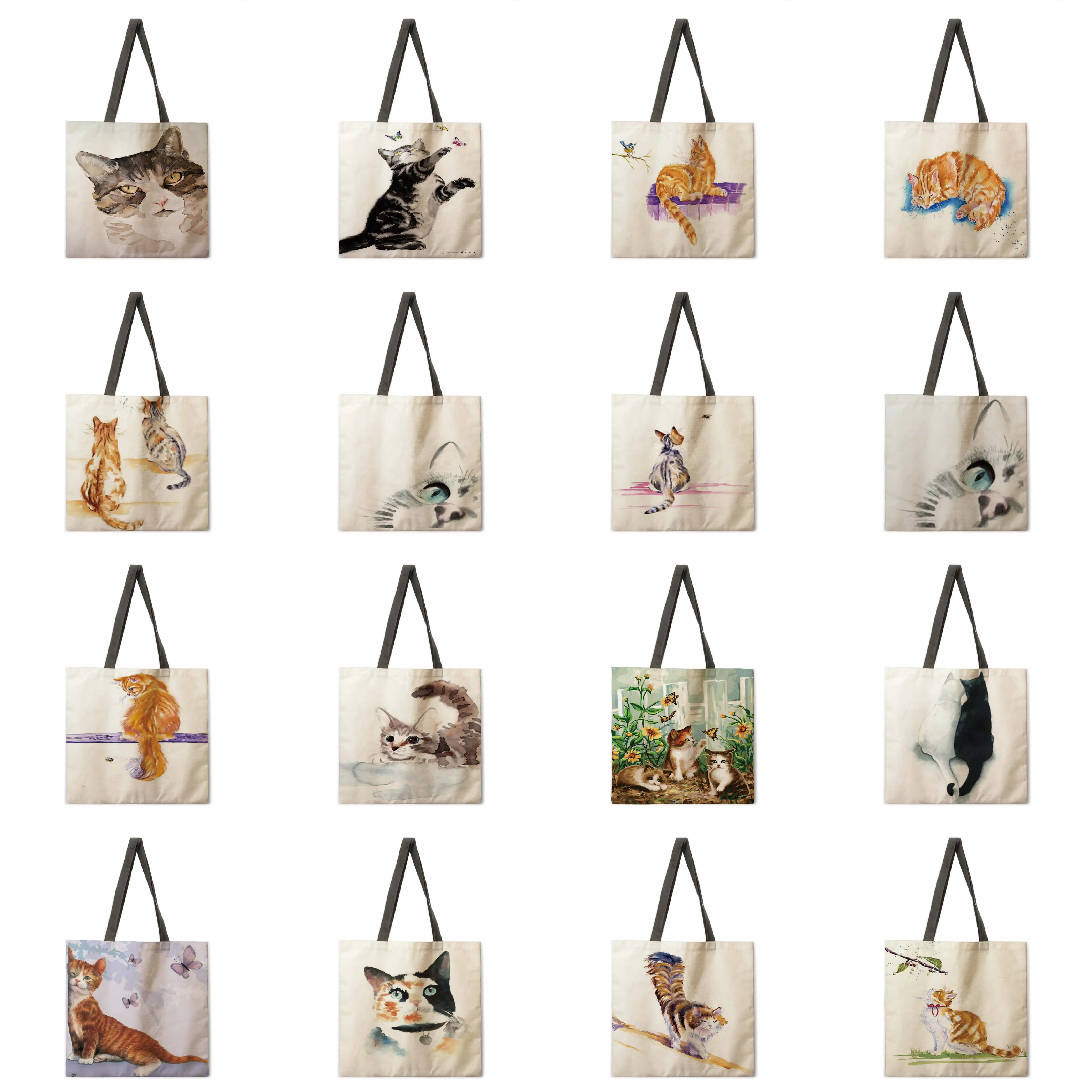 

Oil painting cat linen bag handbag light shoulder bag large capacity eco-friendly shopping bag tote bag