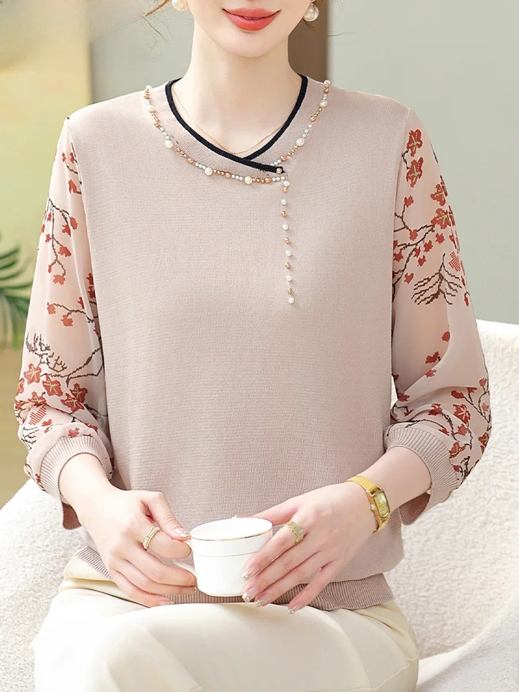 

Весенний модный вязаный свитер из шелка для женщин среднего и старшего возраста, свободного кроя, с круглым вырезом, от Han Yu Rou