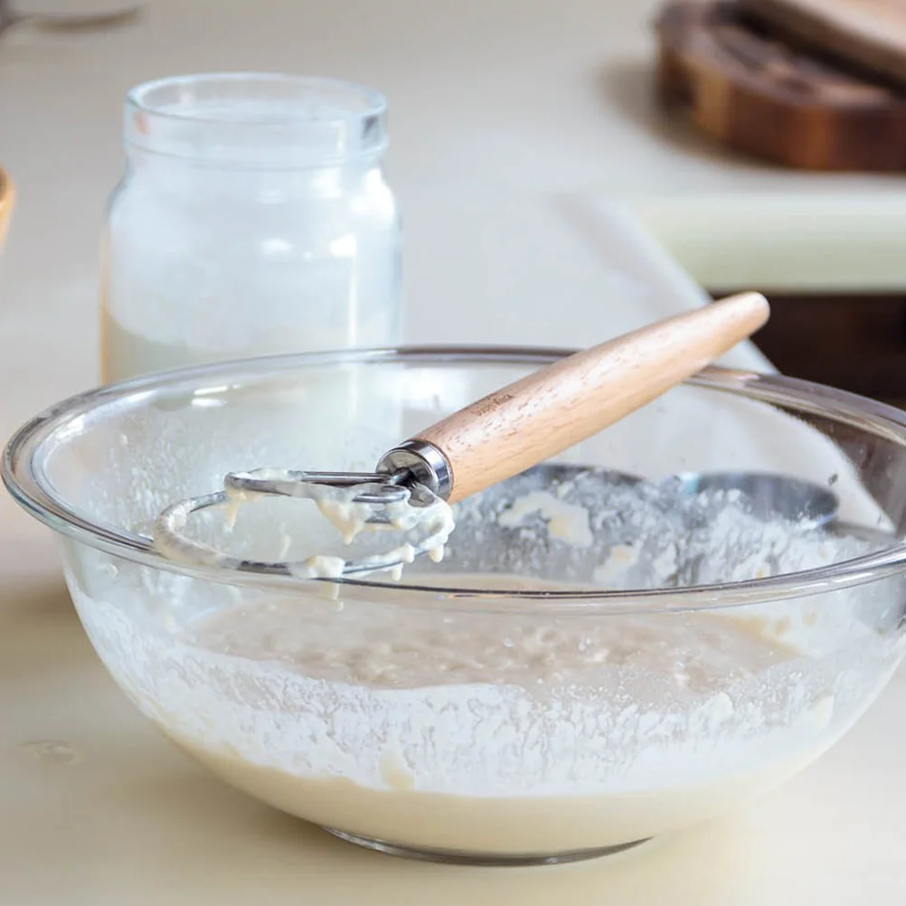 

2Pcs Oak Handle Whisk Stainless Steel Dough Mixer Egg Beater Kitchen Baking Tool Cooking Helper Dough Whisk Mixer