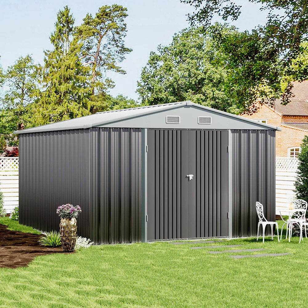 【Breeins】10 x 12 FT outdoor metal storage shed with floor frame base, galvanized steel garden shed with 4 ventilation openings