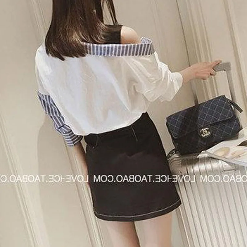 Summer Female Fashion Fake Two Pieces Long Sleeve Blouse Casual All-match Striped Spliced Off Shoulder Shirt Women\'s Clothing