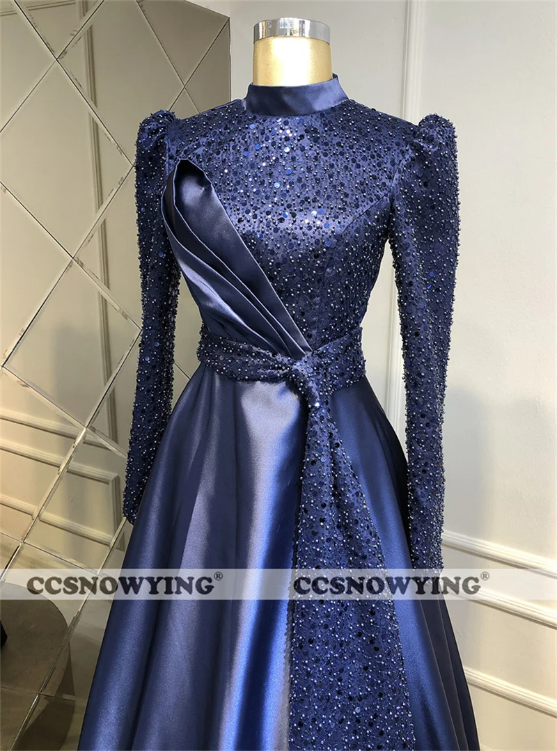 Navy Blue Satin Sequin Muslim Evening Dresses Long Sleeve Hijab Islamic Formal Party Gown Arabic Dubai Women Robes De Soirée