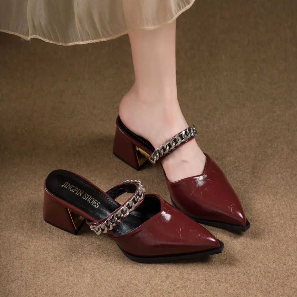 2026 Summer New Baotou Sandals Pointed Toe Shallow Mouth Metal Chain One Slip Strap Anti-slip Outer Wear Square Heel High Heels